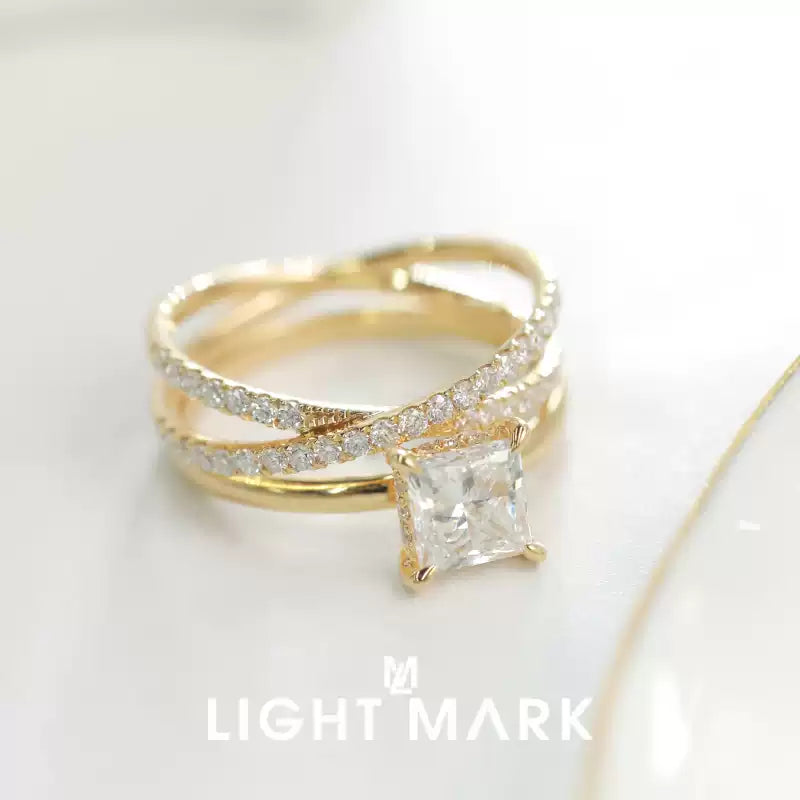 LightMark new 18K gold princess square diamond ring for women, detachable ring for girlfriend